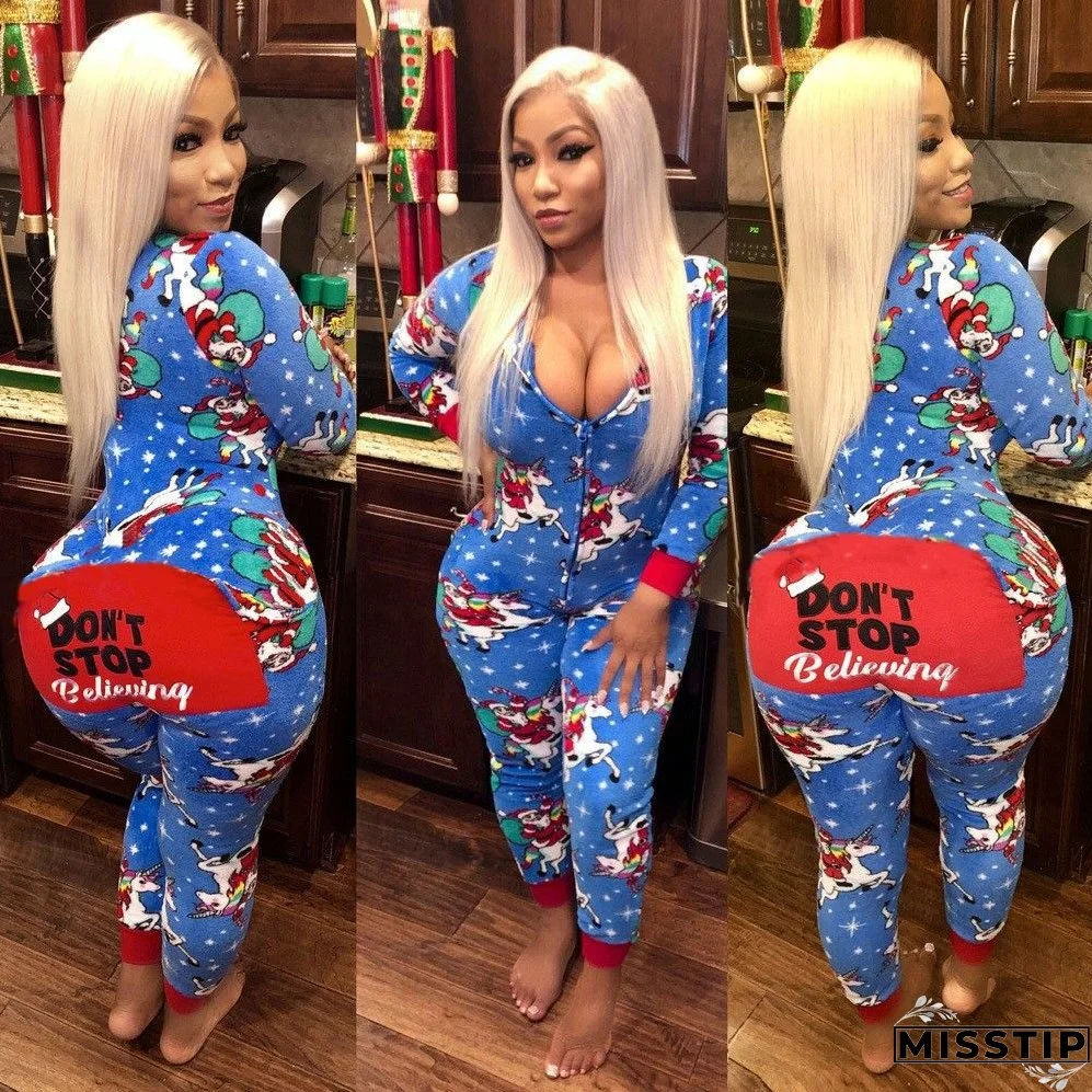 Christmas Women Printed Long Sleeve Jumpsuit