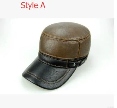 B-7222 Cowskin Genuine Leather Baseball Caps Men Warm Earflap Hat Cowhide Cap Cow Leather Flat Top Snapback Hat Adjustable