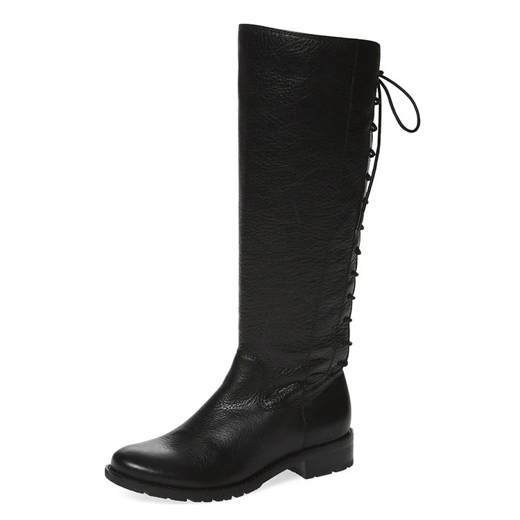 Black Round Toe Back Lace Up Knee Riding Boots with Low Chunky Heel |FSJ Shoes