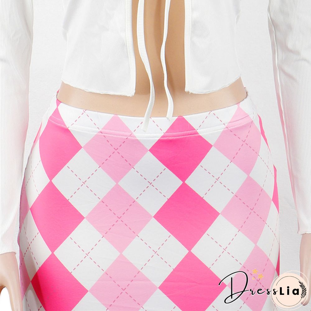Lace Up Long Sleeve Crop Top Mini Skirt 2 Piece Set