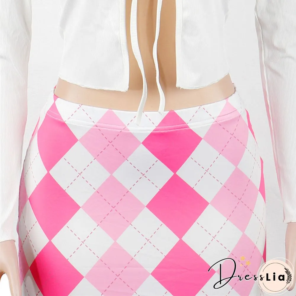 Lace Up Long Sleeve Crop Top Mini Skirt 2 Piece Set