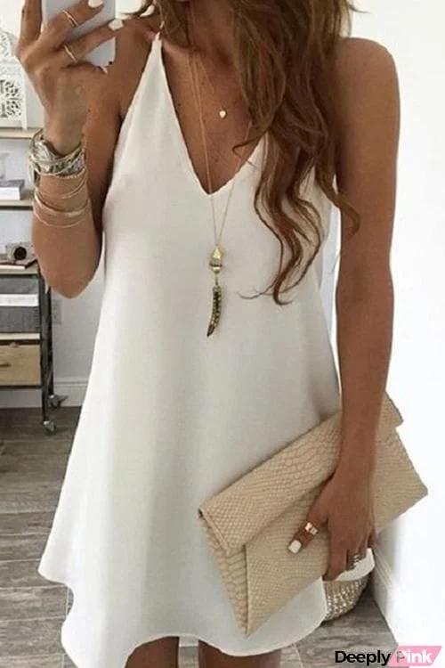 Solid V Neck Sleeveless Mini Dress