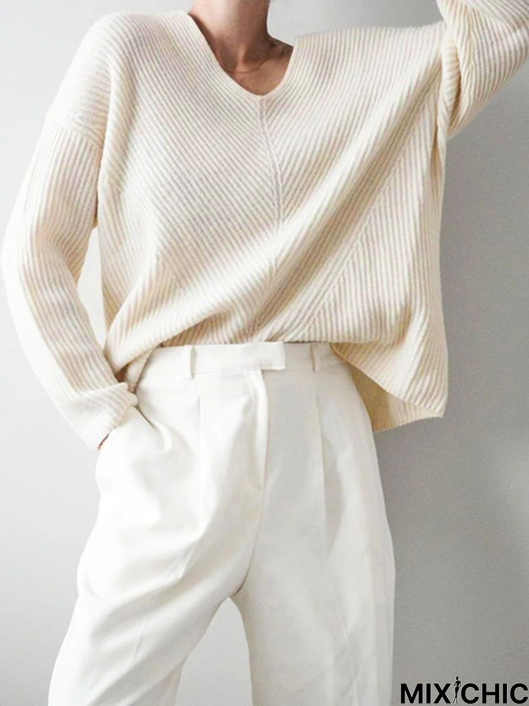 Apricot V Neck Long Sleeve Basic Shift Sweater