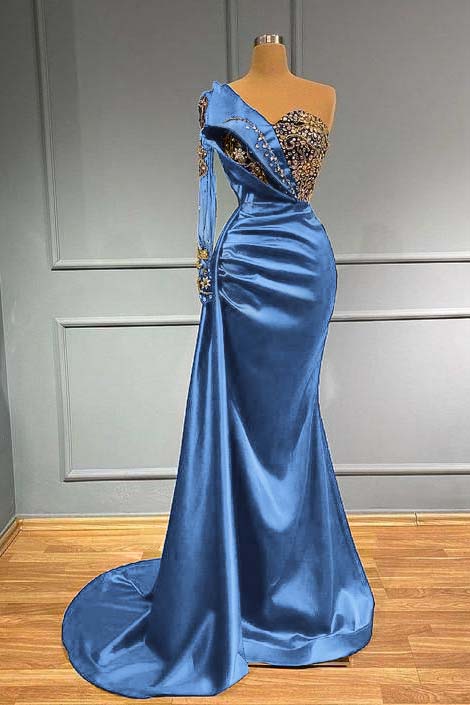Dark Blue Straps Beading Mermaid Vintage Long Prom Dress DP3875 main image 1
