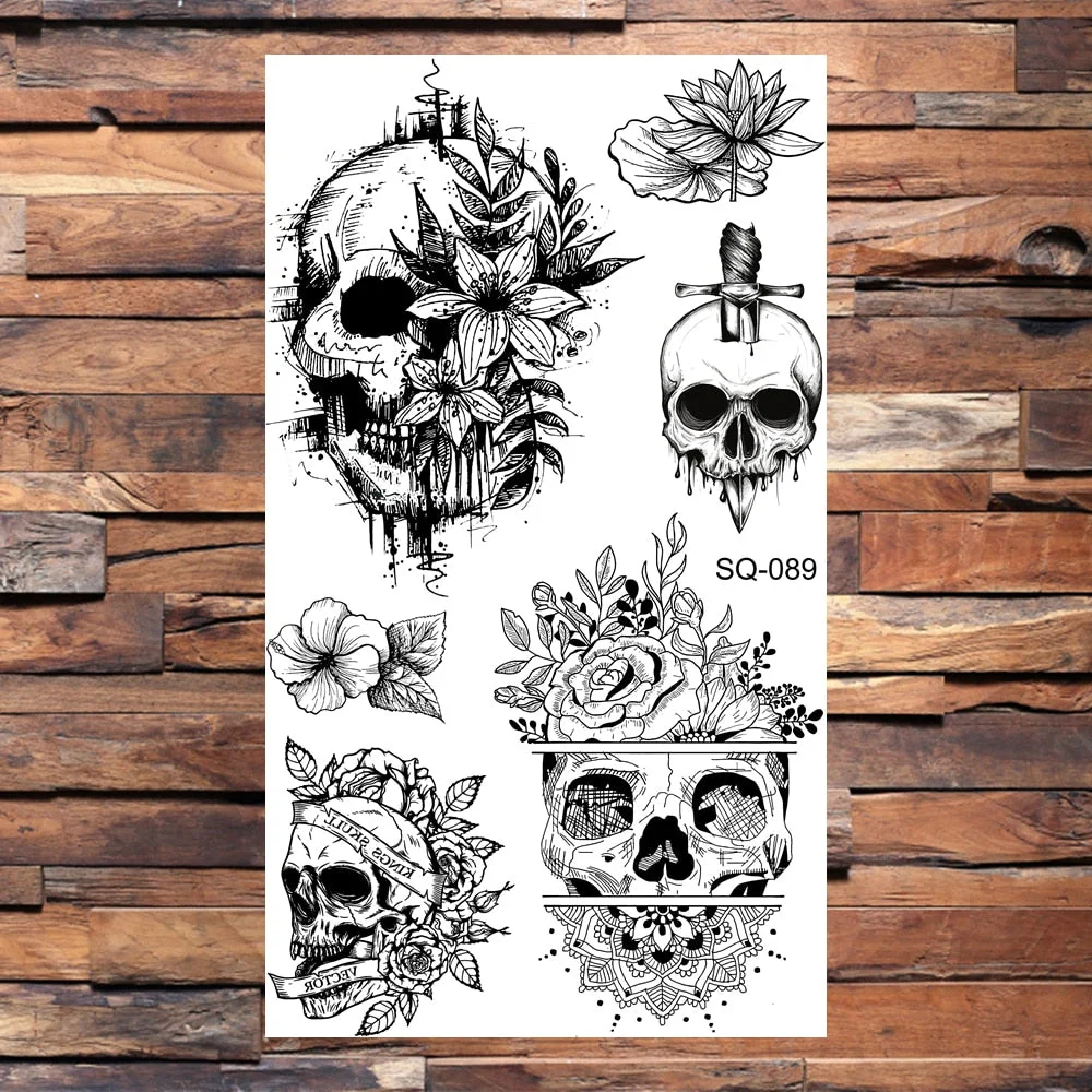 Skeleton Skull Temporary Tattoos For Women Adults Realistic Wolf Snake Rose Flower Feather Fake Tattoo Sticker Back Tatoos Body