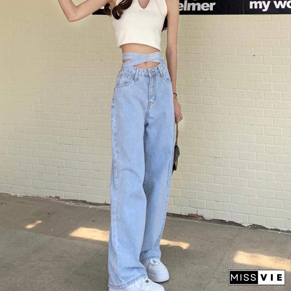 Lace Up High Waist Denim Pants