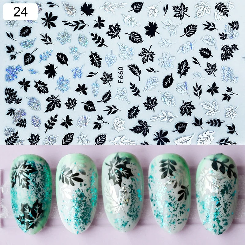 1 Sheet iridescent Nail Sticker Black leave 3D Transfer Beautiful Nail Decals Decoration Summer Popupar DIY Nail Design