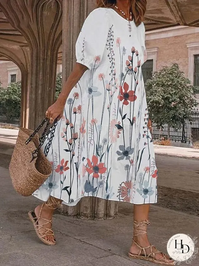 Casual Dress Swing Dress Print Dress Floral Print V Neck Midi Dress Active Fashion Outdoor Street Short Sleeve Loose Fit Red Blue Light Blue Summer Spring S M L XL XXL for Women