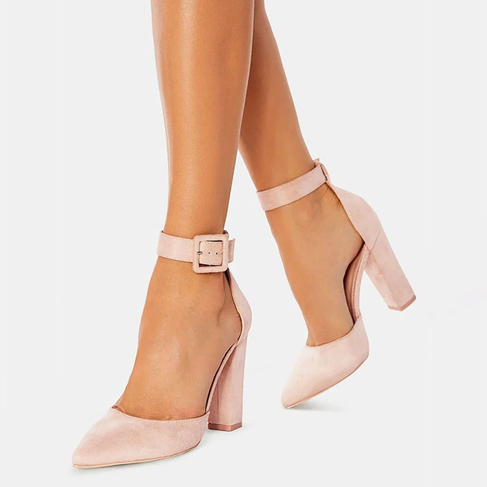 Pink Faux Suede Pointed Toe Ankle Strap Pumps with Elegant Block Heel