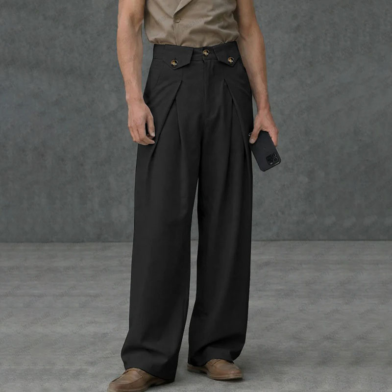 Men's High-Waist Pleated Relaxed Fit Trousers