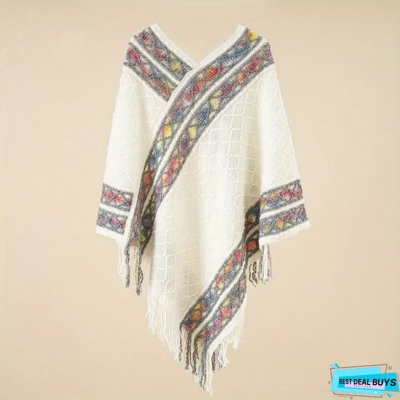 Pullover Woven Shawl Large Warm Fringed Shawl Wrap Windproof Shawl Cape For Casual Outdoor