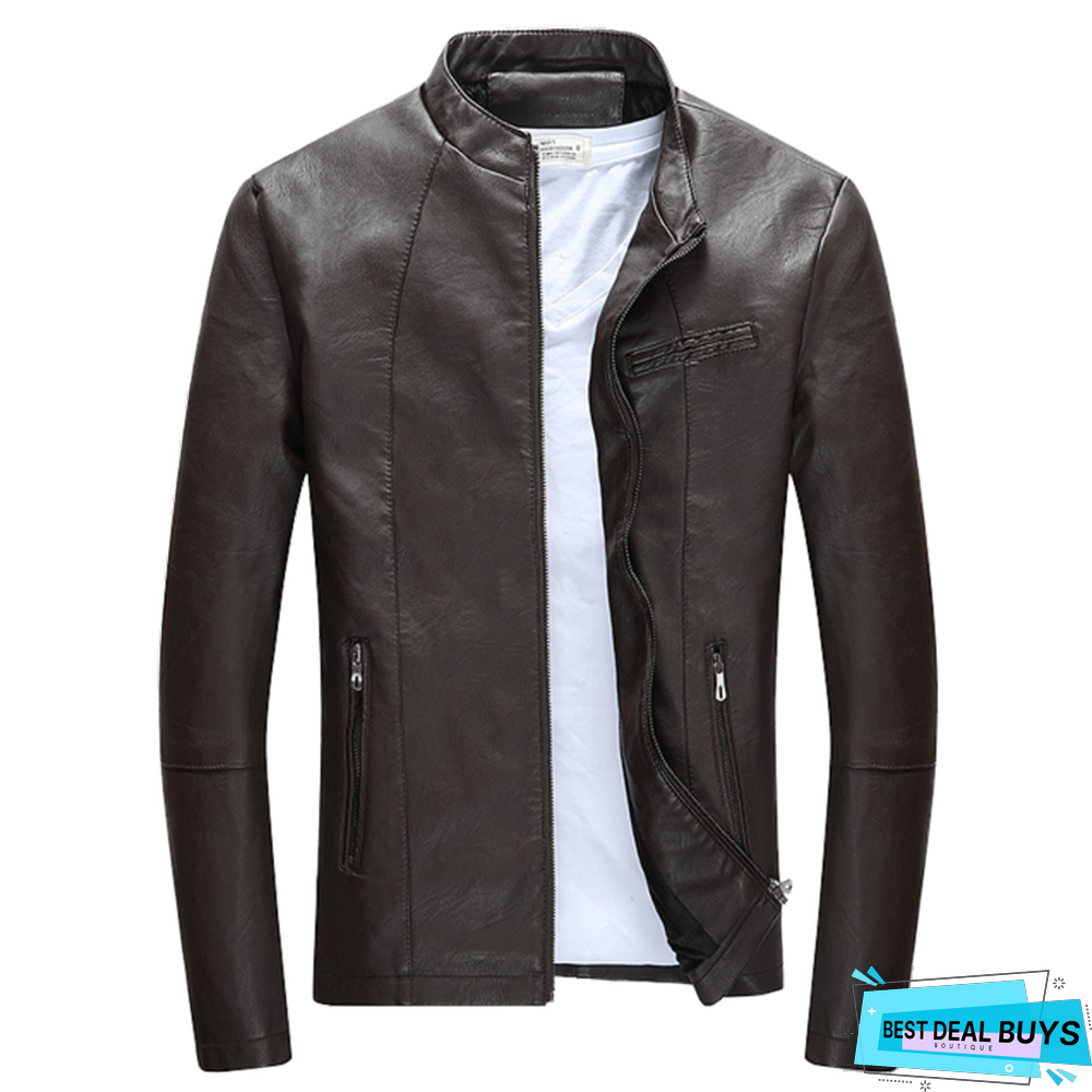 Men's Casual Zipper Pu Leather Jacket Motorcycle Leather Jacket Men Leisure Clothing Men's Slim Leather Jacket