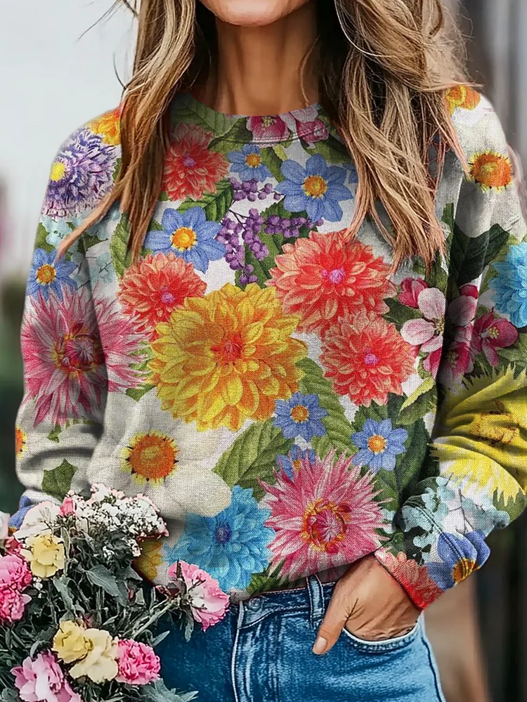 Retro Floral Print Casual Sweatshirt