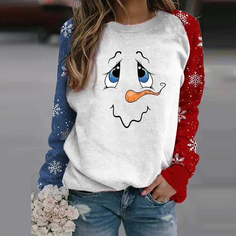 Christmas Cute Snowman Face Print Women's Blue Red Sleeve Sweatshirt