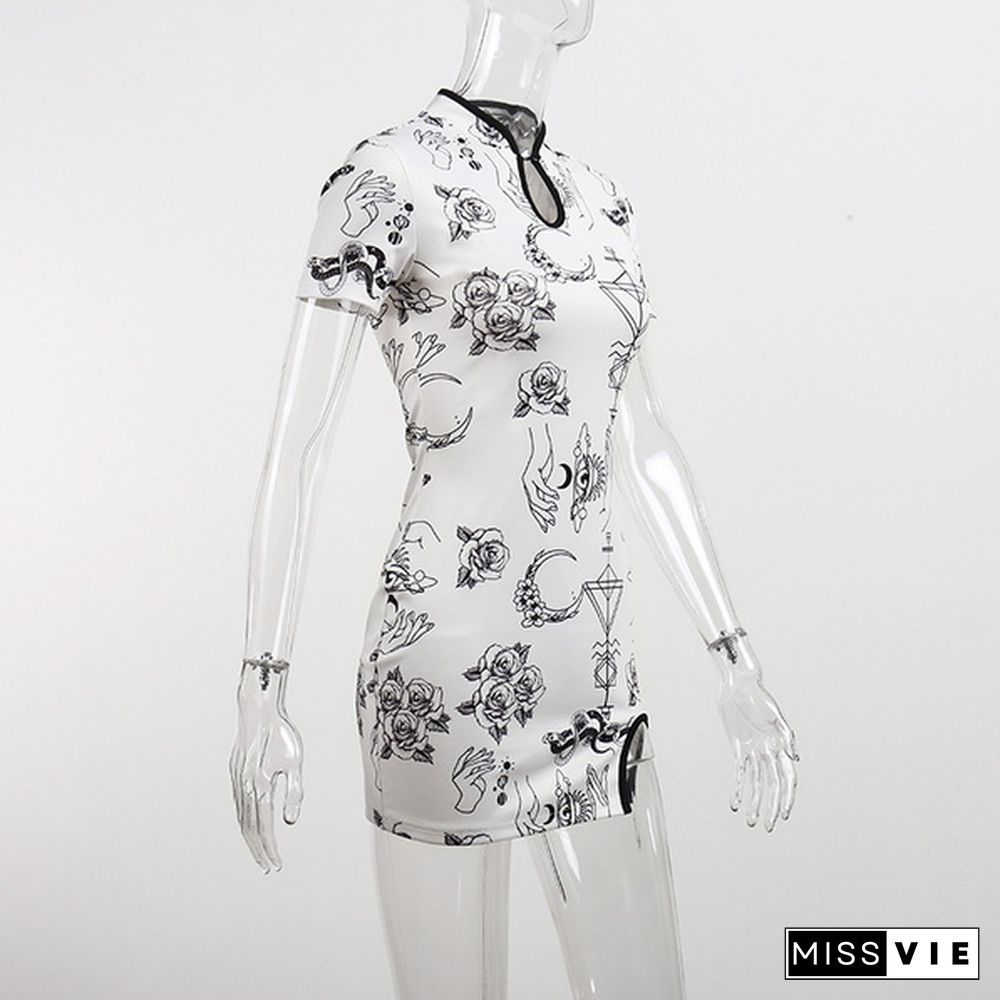 Women's Vintage Cheongsam Print Dress Floral White Short Sleeve High Waist Skinny Mini Dress Party Slit Cheongsam