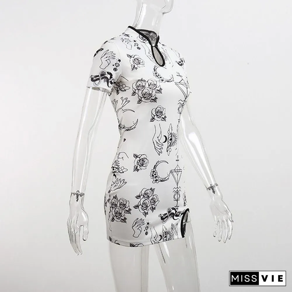 Women's Vintage Cheongsam Print Dress Floral White Short Sleeve High Waist Skinny Mini Dress Party Slit Cheongsam
