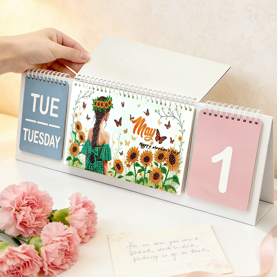 2026 Pink Flower DIY Diamond Art Painting Desk Calendar Special Shaped Drill Monthly Flip Tabletop Calendar Kit for Adults Beginners Gift Home Office Decor
