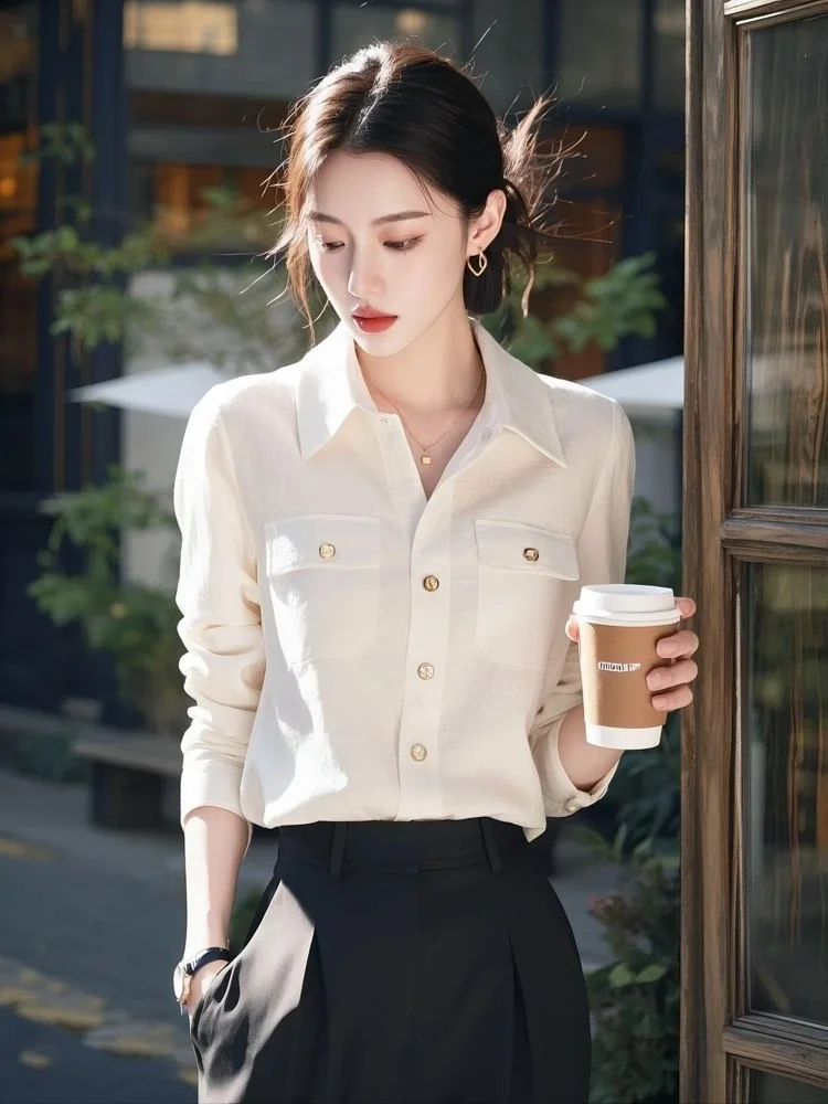 Athvotar Athvotar Light Luxury Polo Collar Long-Sleeved White Shirt Lady Design Spring And Autumn Unique Special Beautiful Shirt Top
