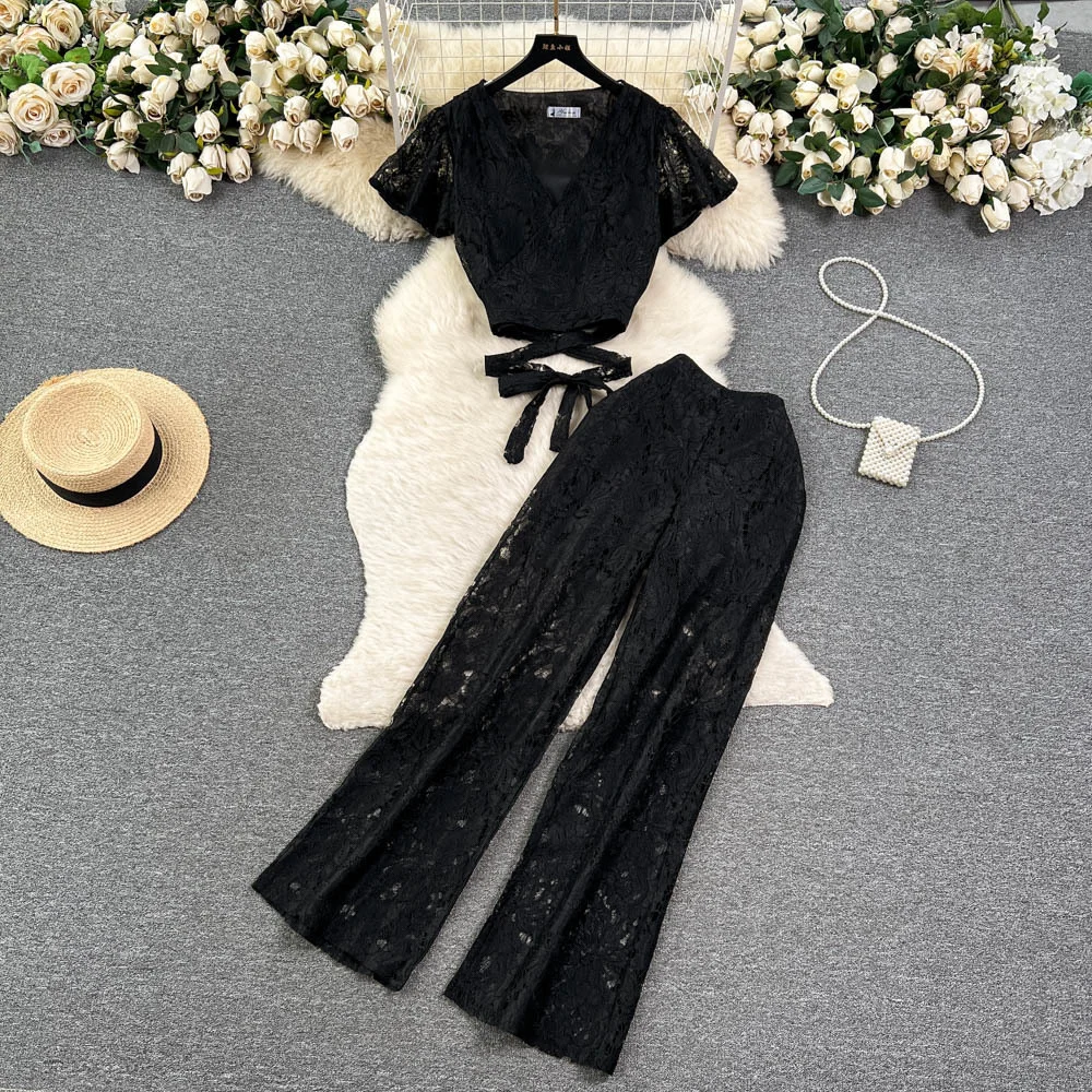 Zingj Zingj Socialite Style Suit Female Summer Lace Embroidery Hollow Out V Neck Tied Waist Short Shirt Jacket Wide Leg Slim Trousers