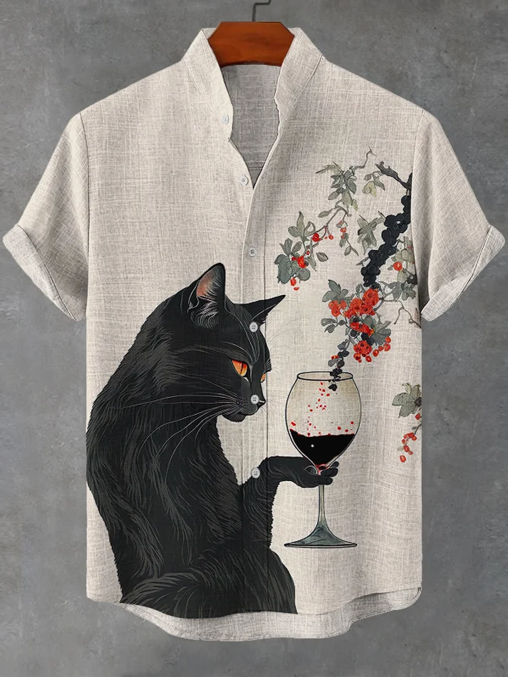 Men's Red Wine Drinking Black Cat Print Casual Linen Blend Shirt