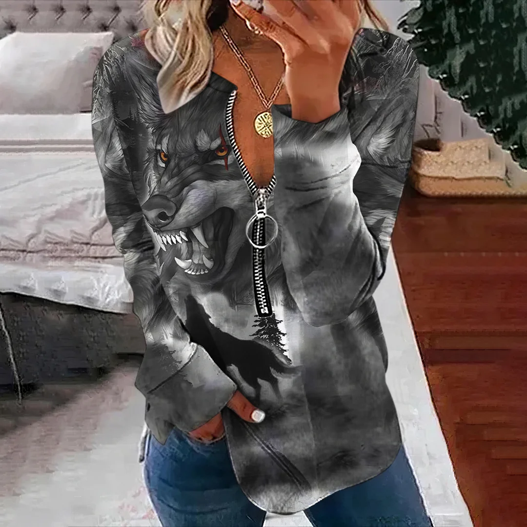 Western Vintage Wolf Print Zip Up Sweatshirt
