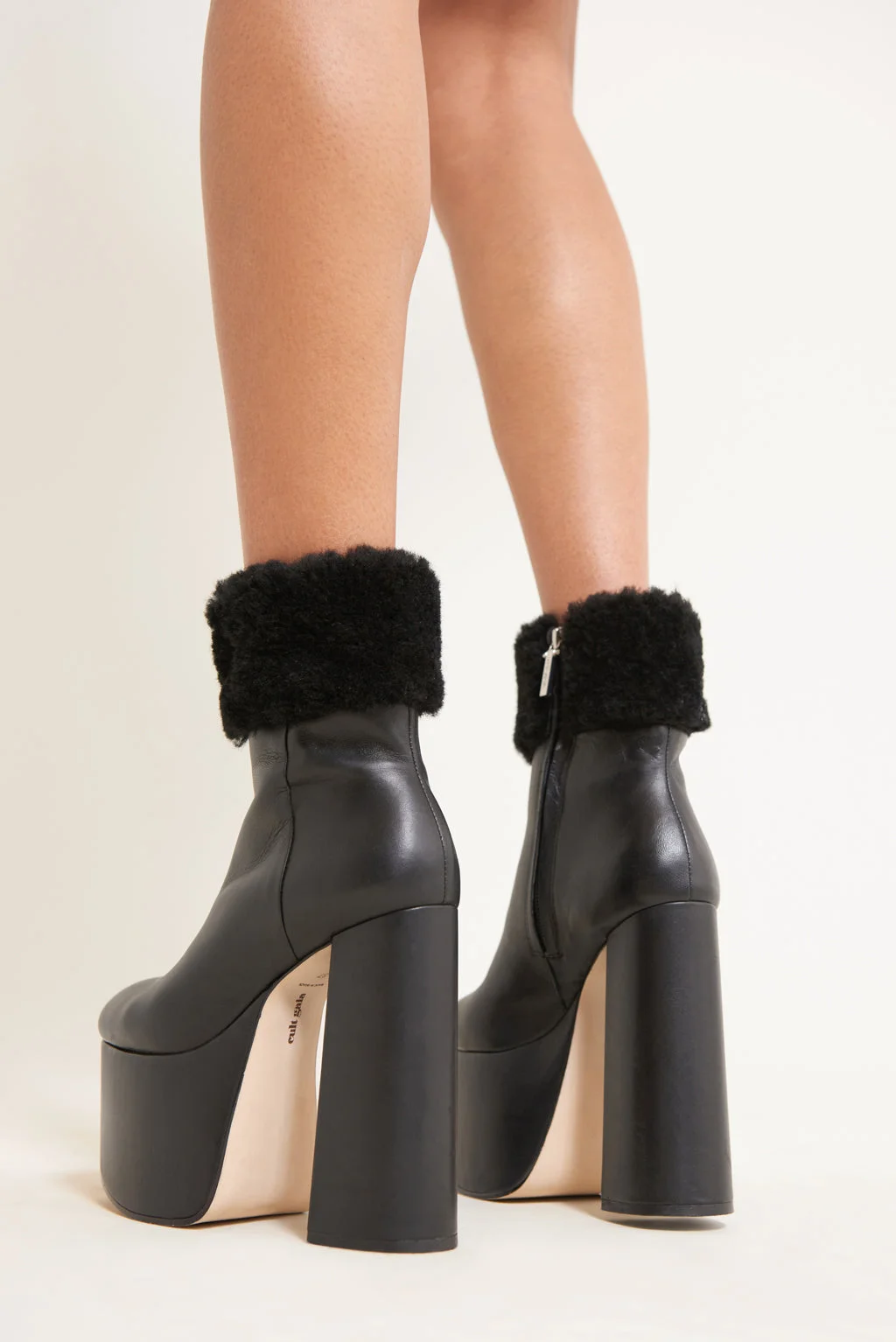 Black  Furry Boots With Platform Block Heel Ankle Boots Nicepairs