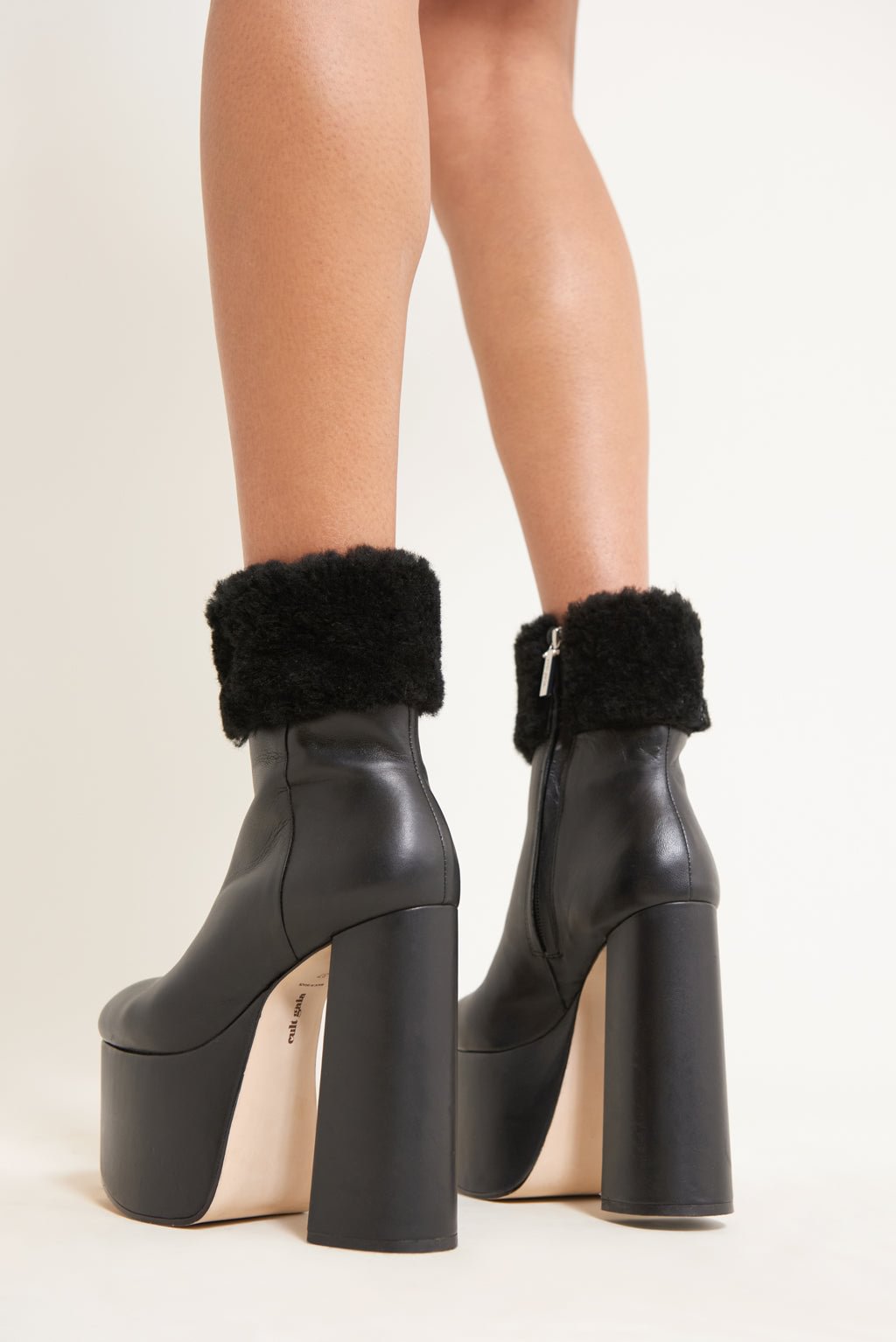 Black Leather Furry Boots With Platform Block Heel Ankle Boots Nicepairs