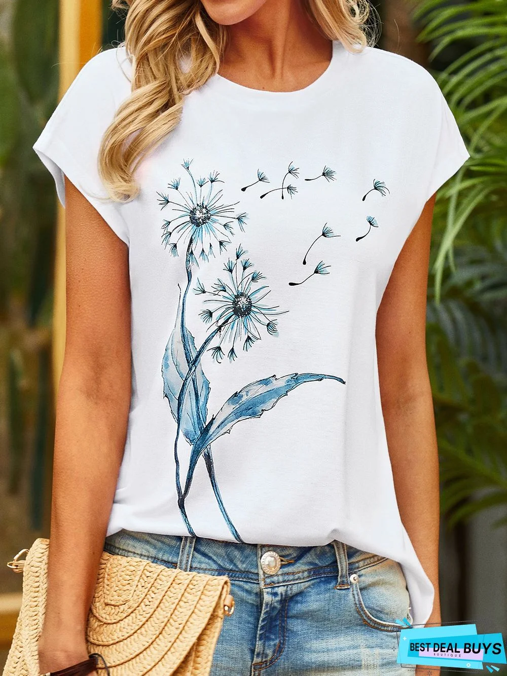 Casual Dandelion Short Sleeve Round Neck Printed Top T-Shirt