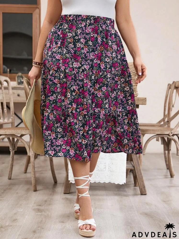 Plus Size Casual Floral Print Midi Skirt