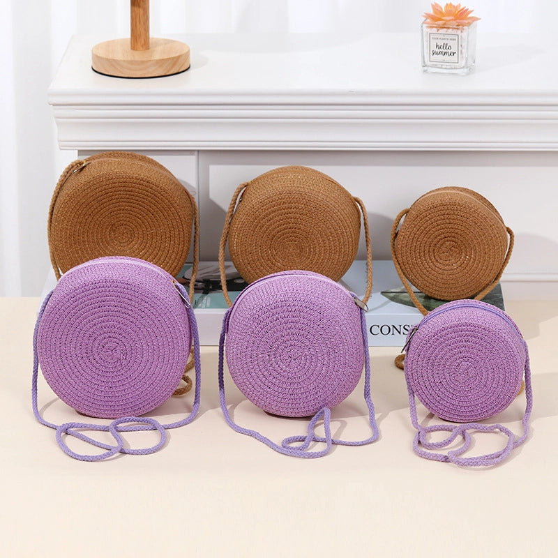 Girl’S Straw Solid Color Cute Round Zipper Shoulder Bag