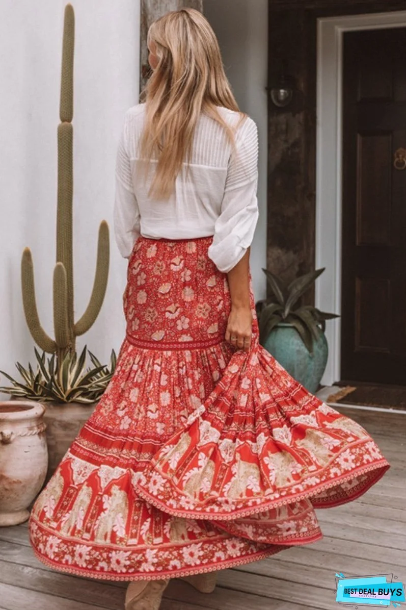 Red Vintage Floral Beach Holiday Skirt