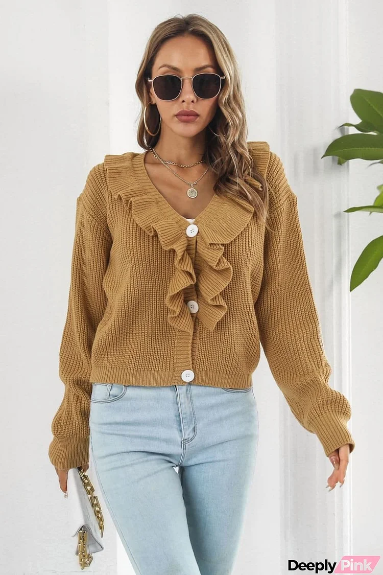 Ruffle Trim Button-Down Dropped Shoulder Sweater