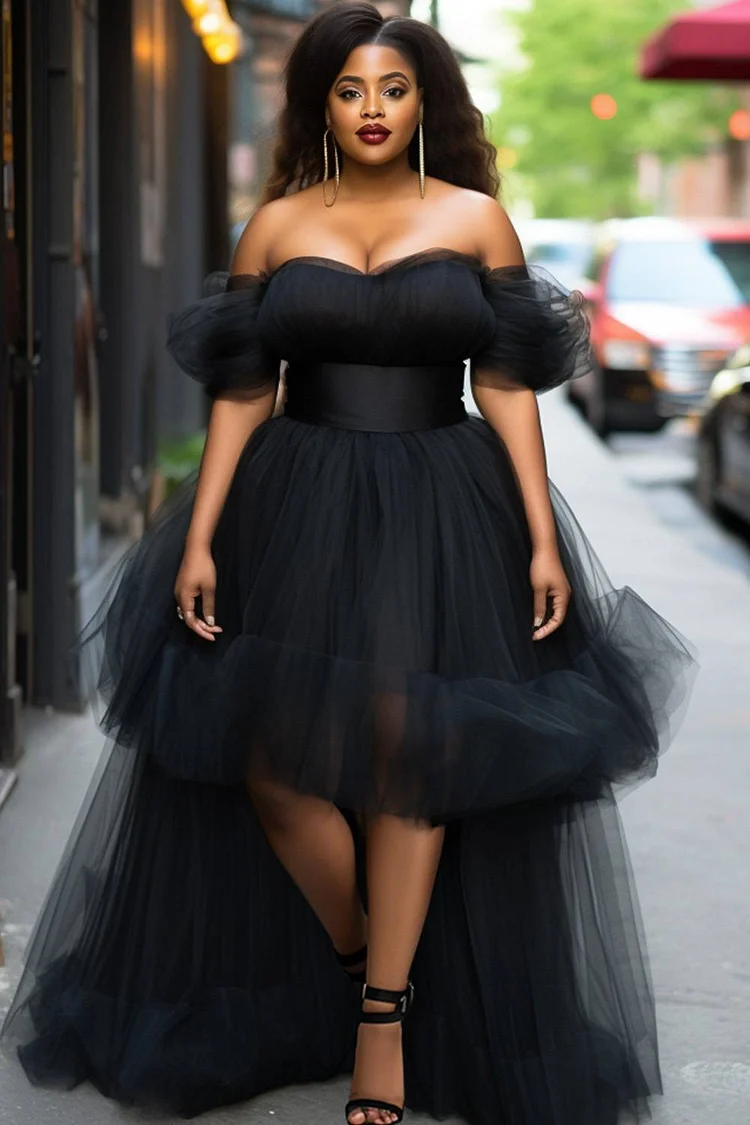 Xpluswear Design Plus Size Formal Elegant Black Off The Shoulder Asymmetric Hem Ruffle Tulle Maxi Dresses [Pre-Order]