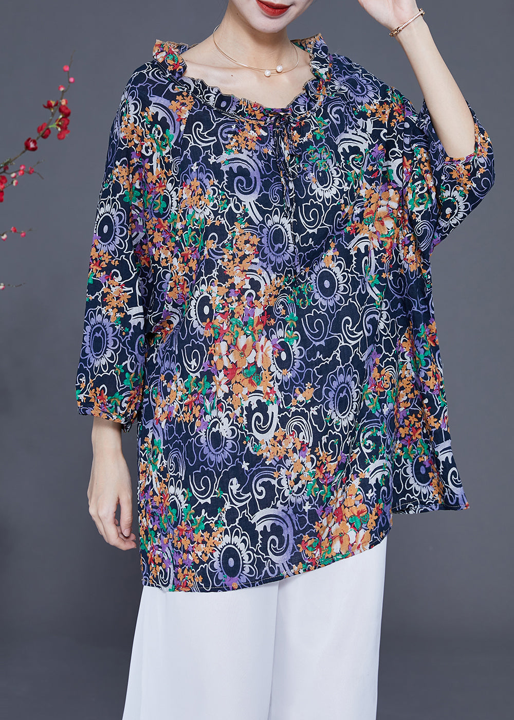 VCSHOES Loose Black Ruffled Print Cotton Shirt Tops Bracelet Sleeve