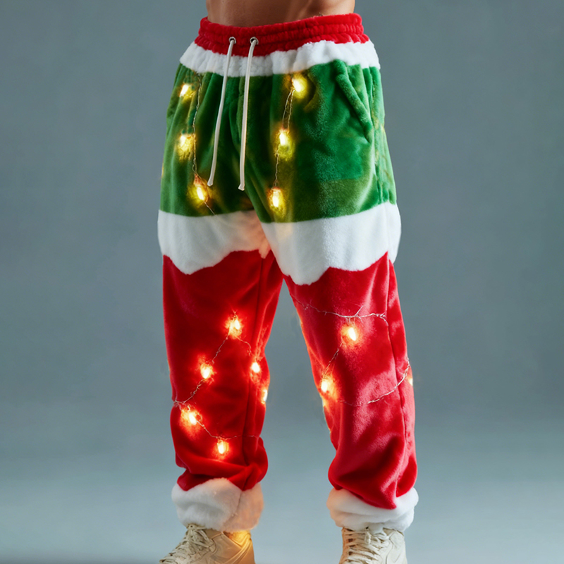 Men's Fun Christmas Lights Color Block Comfortable Plush Sweatpants elevenforest