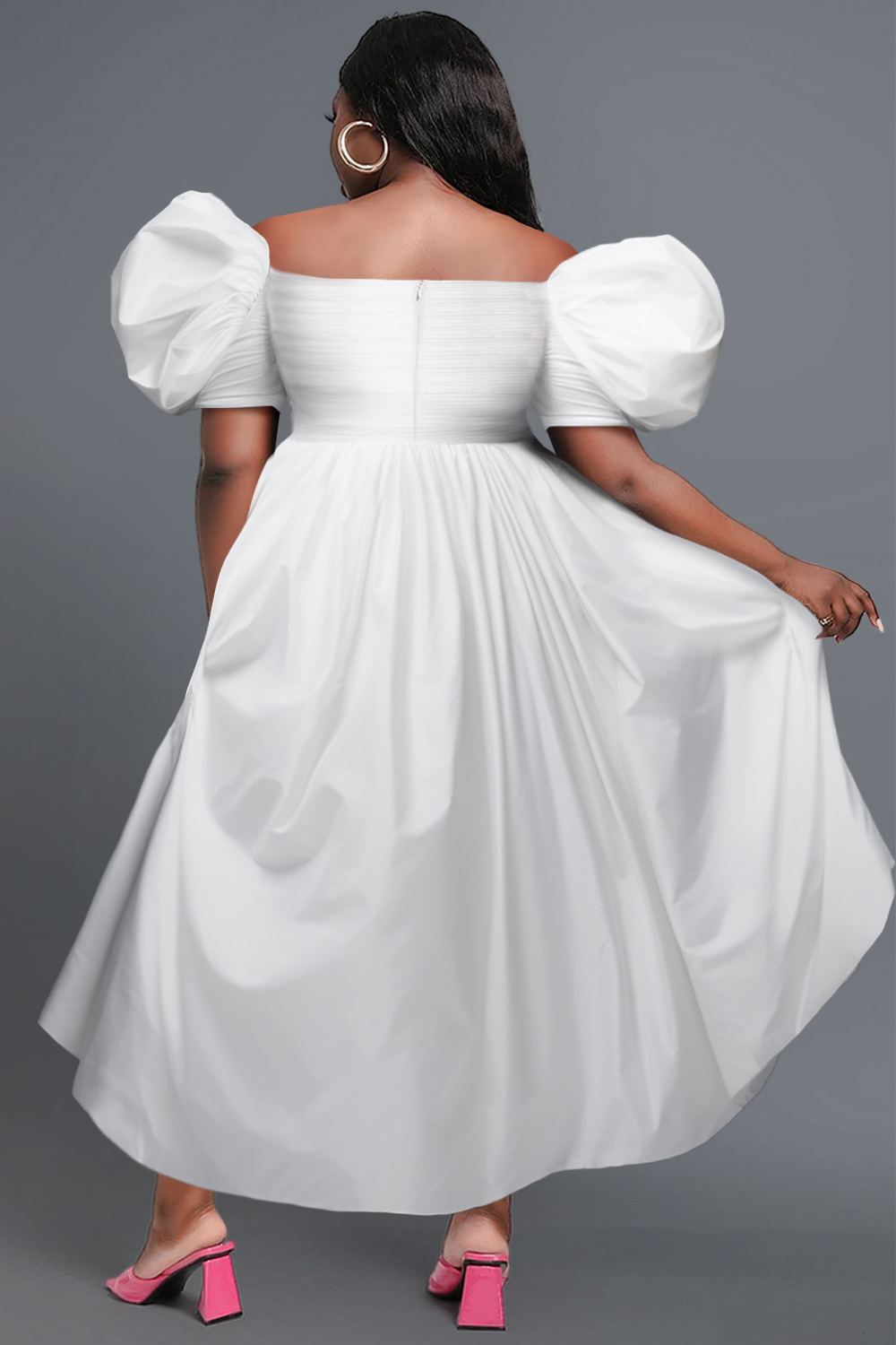 Design Plus Size Semi Formal Maxi Dresses Elegant White Spring Summer V Neck Puff Sleeve Short Sleeve Fold Cotton Maxi Dresses [Pre-Order]