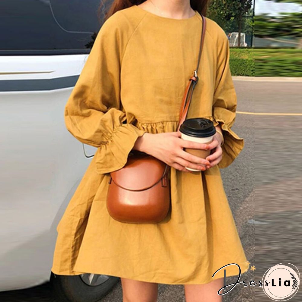 Womens Fashion Small Fresh Long Sleeve Neck Dress Early Autumn Dot Print Mini Ladies