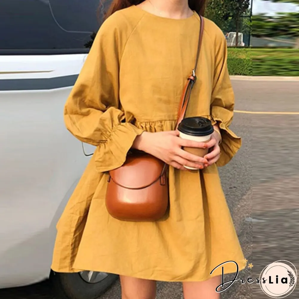 Womens Fashion Small Fresh Long Sleeve Neck Dress Early Autumn Dot Print Mini Ladies