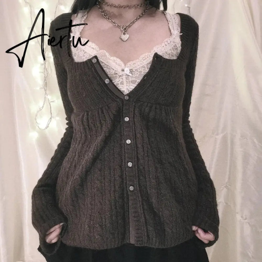 Coquette Grunge Y2K 00s Vintage Sweater Single Breasted Long Sleeve Cardigan 00s Aesthetic Kawaii Knitwear T-shirt Women Clothes Aiertu