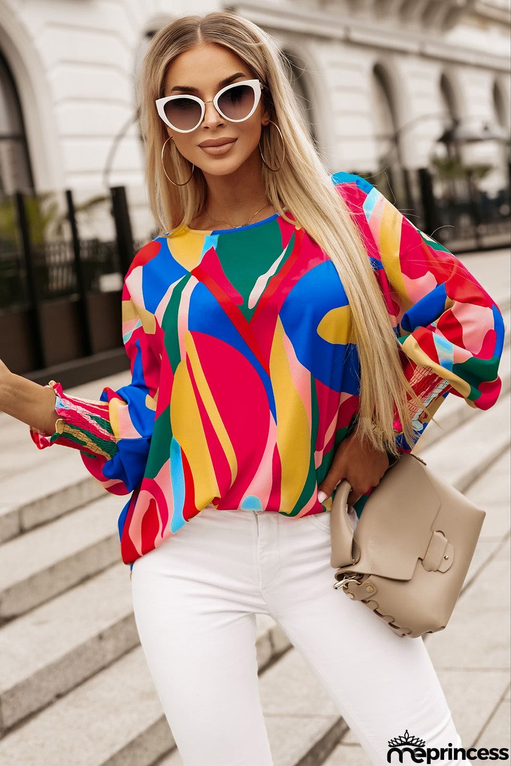 Printed Round Neck Smocked Wrist Lantern Sleeve Blouse