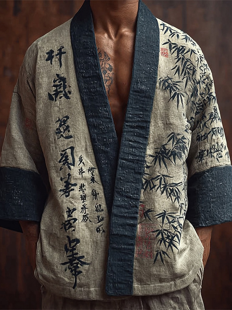 Men's Japanese Bamboo Calligraphy Art Retro Linen Kimono  artssus