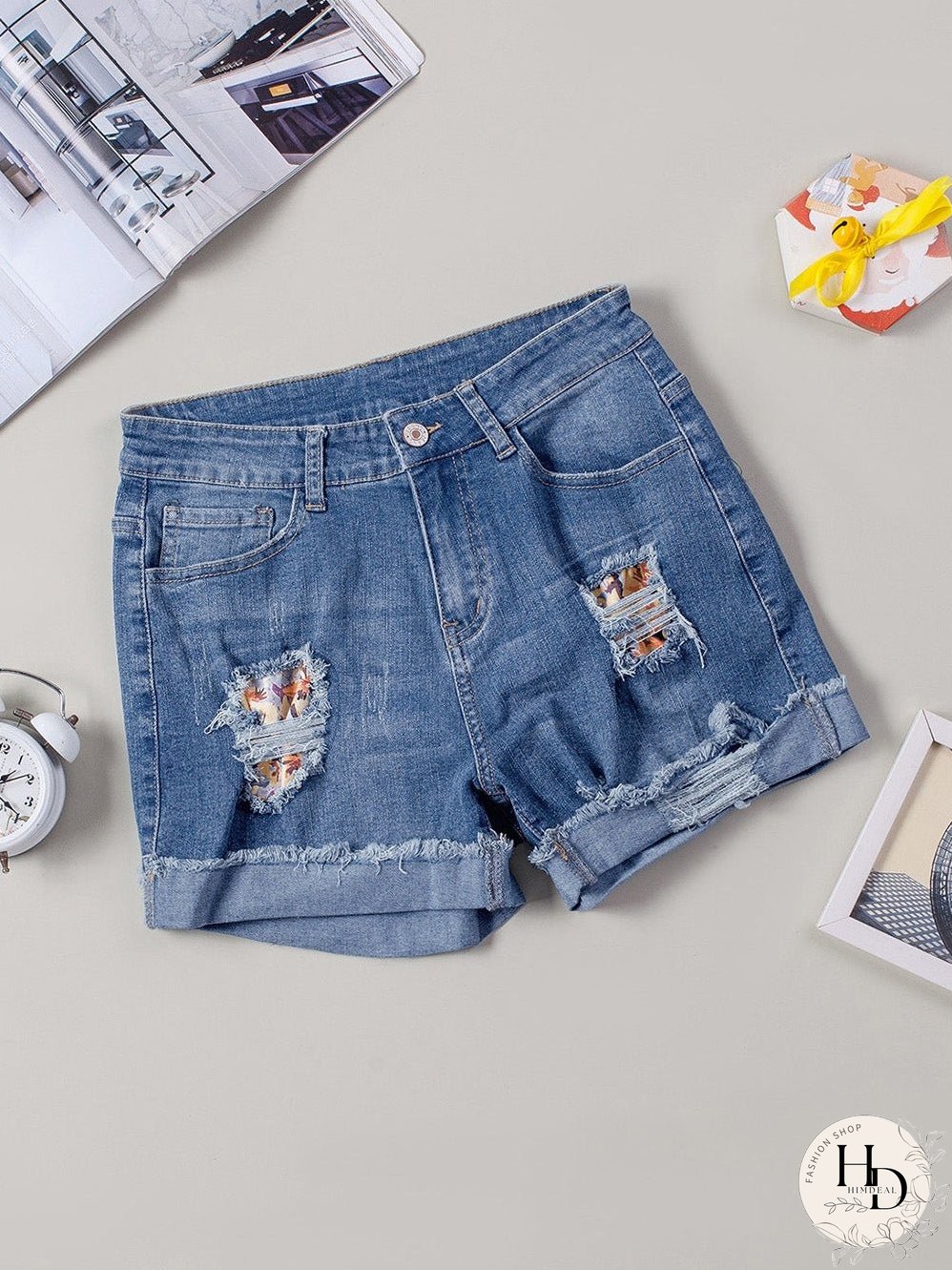 Stylish Distressed Denim Shorts with Floral Applique