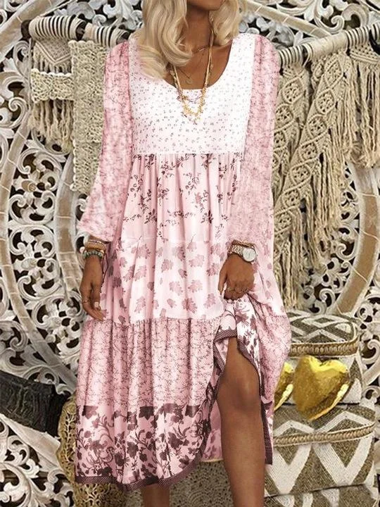 Vintage small floral mosaic holiday long sleeve dress