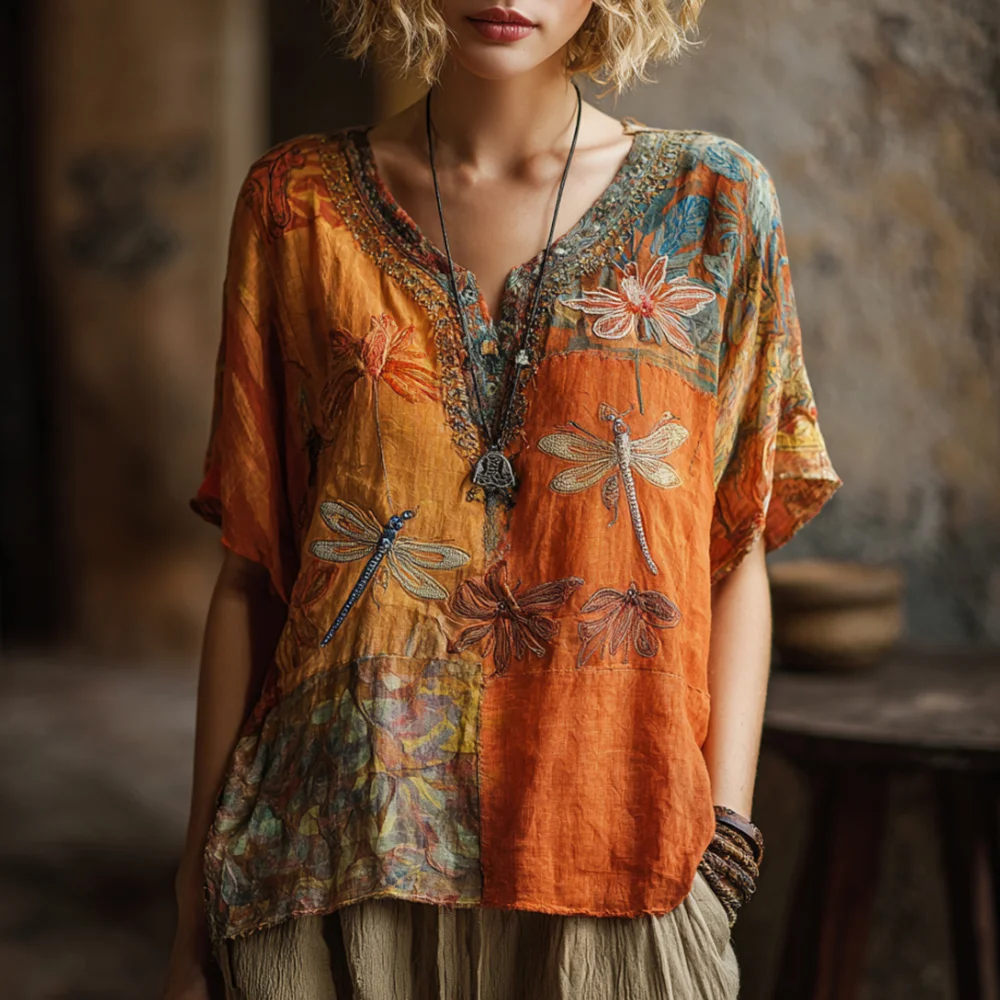 Bohemian-style Patchwork Dragonfly Three-dimensional Embroidery V-neck Short-sleeved Shirt
