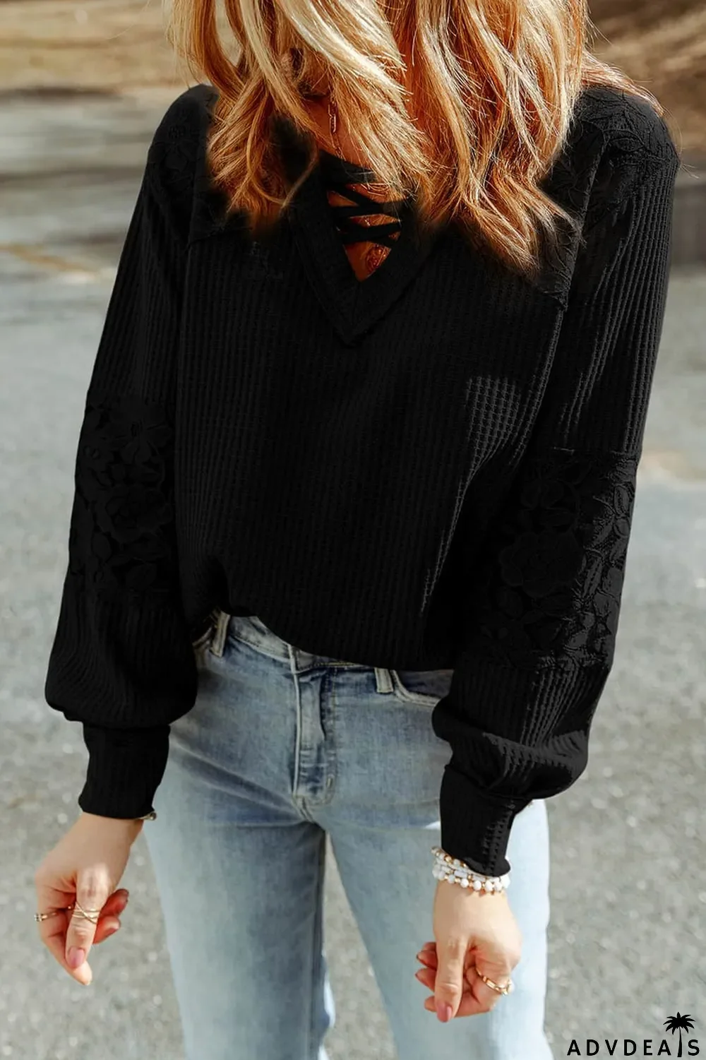 Black Lace Waffle Patchwork Strappy V Neck Long Sleeve Top