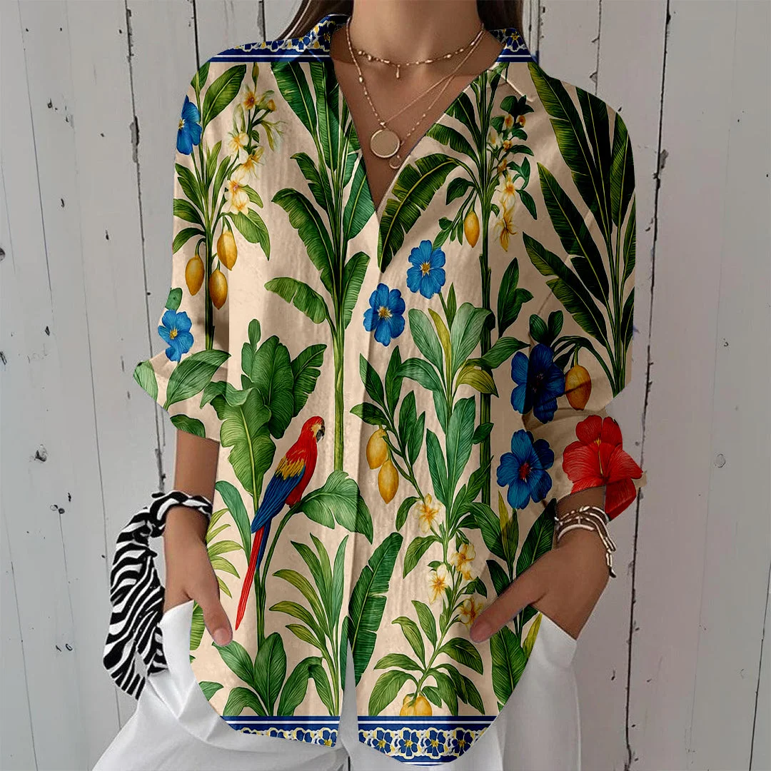 Style & Comfort for Mature Women Women Tropical, Green DZCL0087 3/4 Sleeve Shirt Collar Printed Button Tops