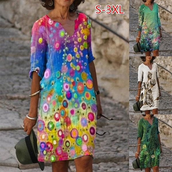 Women Elegant Dress Summer Fashion Loose V-Neck Half Sleeve A-Line Dress Sundress Female Vintage Print Midi Dresses