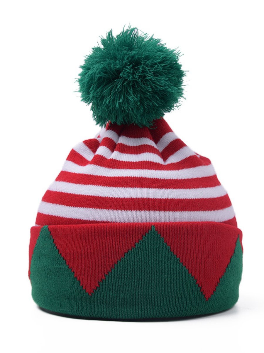 Christmas Beanie Hat Stripe with Green Pom Warm Cute Santa Hat