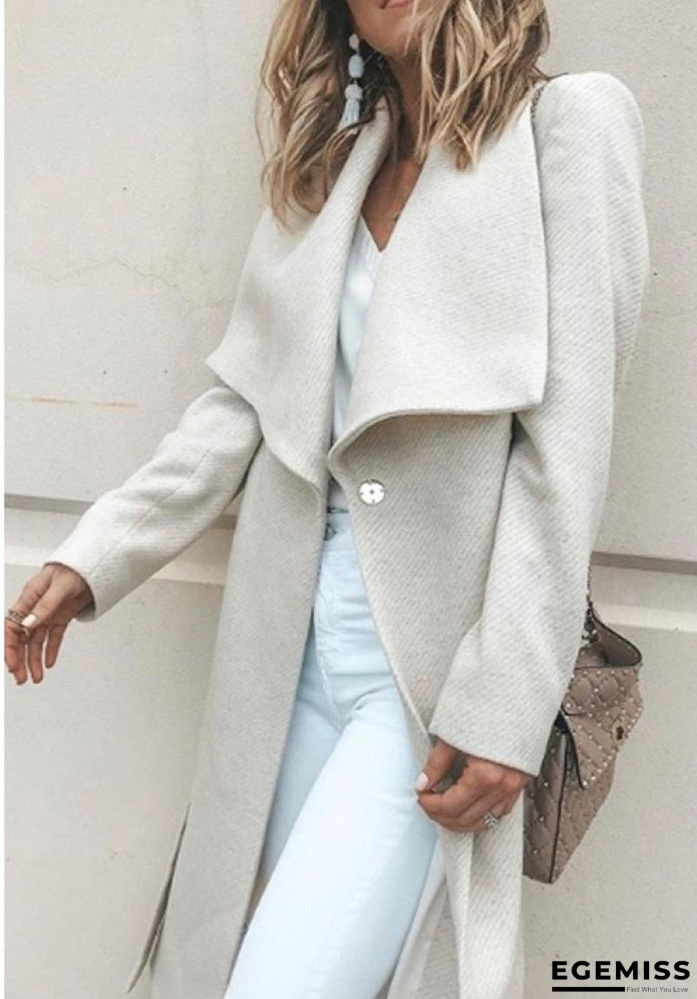 Fold-Over Collar Belt Plain Long Sleeve Coats | EGEMISS