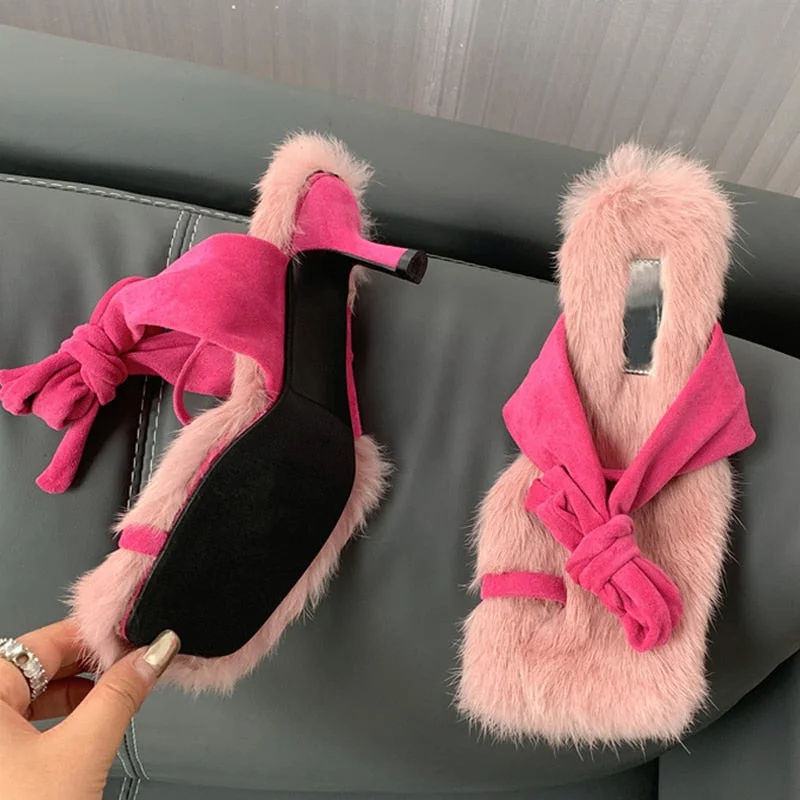 2022 New Brand Chic Fluorescent green Plush Fur Fuzzy Sandals Women Low Thin Heels Fashion Clip Toe Ankle Lace Up Slides Shoes